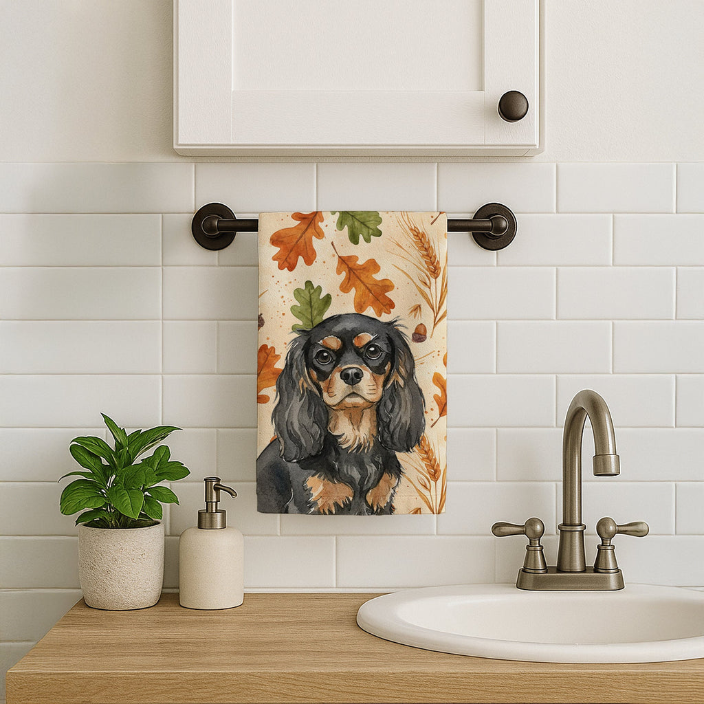 Black and Tan Cavalier Spaniel Heirloom Fall Kitchen Towel Velour Plush Front and Cotton Loop Back Machine Washable