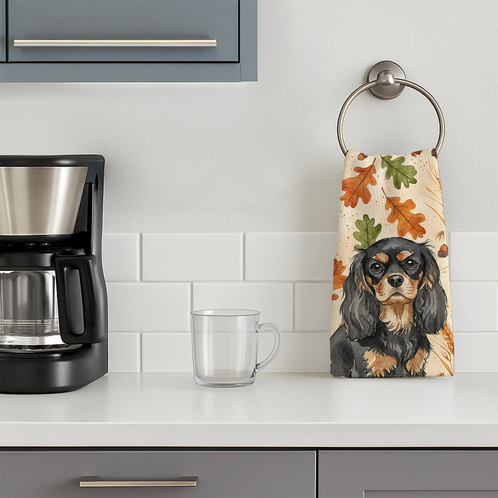Black and Tan Cavalier Spaniel Heirloom Fall Kitchen Towel Velour Plush Front and Cotton Loop Back Machine Washable