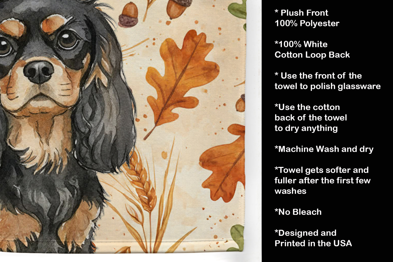 Black and Tan Cavalier Spaniel Heirloom Fall Kitchen Towel Velour Plush Front and Cotton Loop Back Machine Washable
