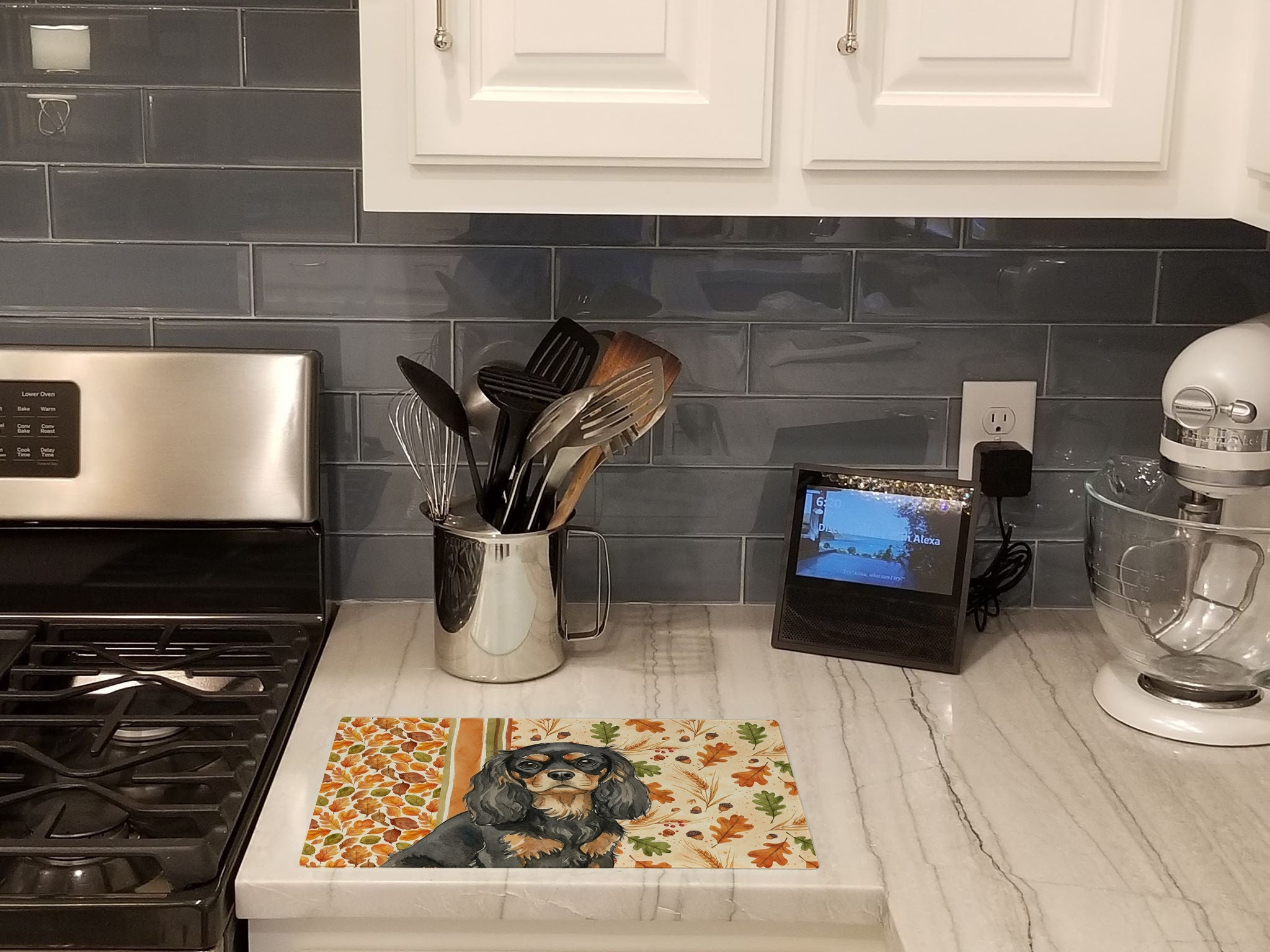 Black and Tan Cavalier Spaniel Heirloom Fall Cutting Board Tempered Glass Kitchen Cutting Surface, Heat Resistant Chopping, Non-Slip Feet, Food Prep & Serving