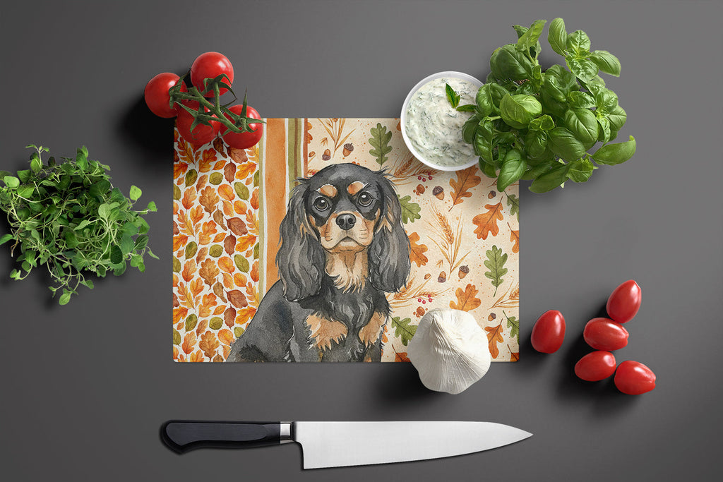 Black and Tan Cavalier Spaniel Heirloom Fall Cutting Board Tempered Glass Kitchen Cutting Surface, Heat Resistant Chopping, Non-Slip Feet, Food Prep & Serving