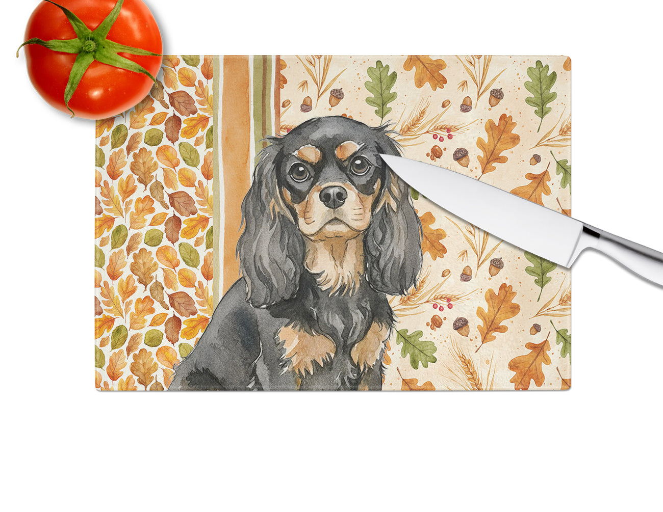 Black and Tan Cavalier Spaniel Heirloom Fall Cutting Board Tempered Glass Kitchen Cutting Surface, Heat Resistant Chopping, Non-Slip Feet, Food Prep & Serving