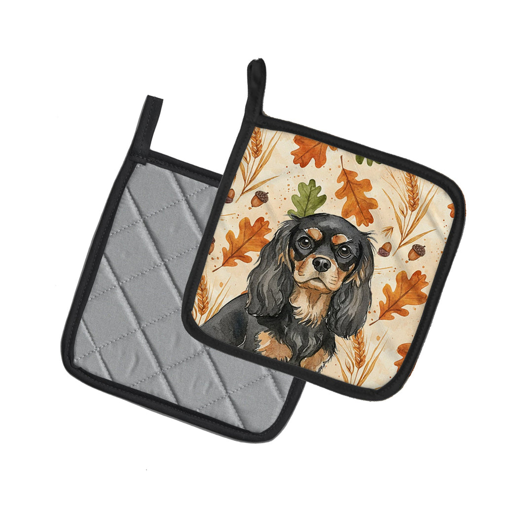 Black and Tan Cavalier Spaniel Heirloom Fall Pot Holder Set of 2 Heat Resistant Quilted Hot Pads 7.5 x 7.5 Inch, Insulated Kitchen Trivets for Cooking & Baking