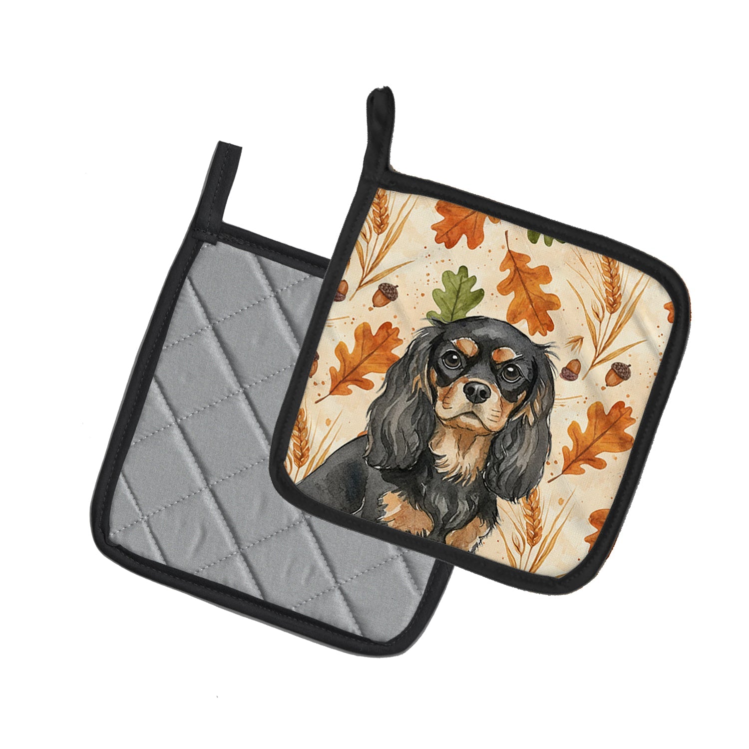 Black and Tan Cavalier Spaniel Heirloom Fall Pot Holder Set of 2 Heat Resistant Quilted Hot Pads 7.5 x 7.5 Inch, Insulated Kitchen Trivets for Cooking & Baking