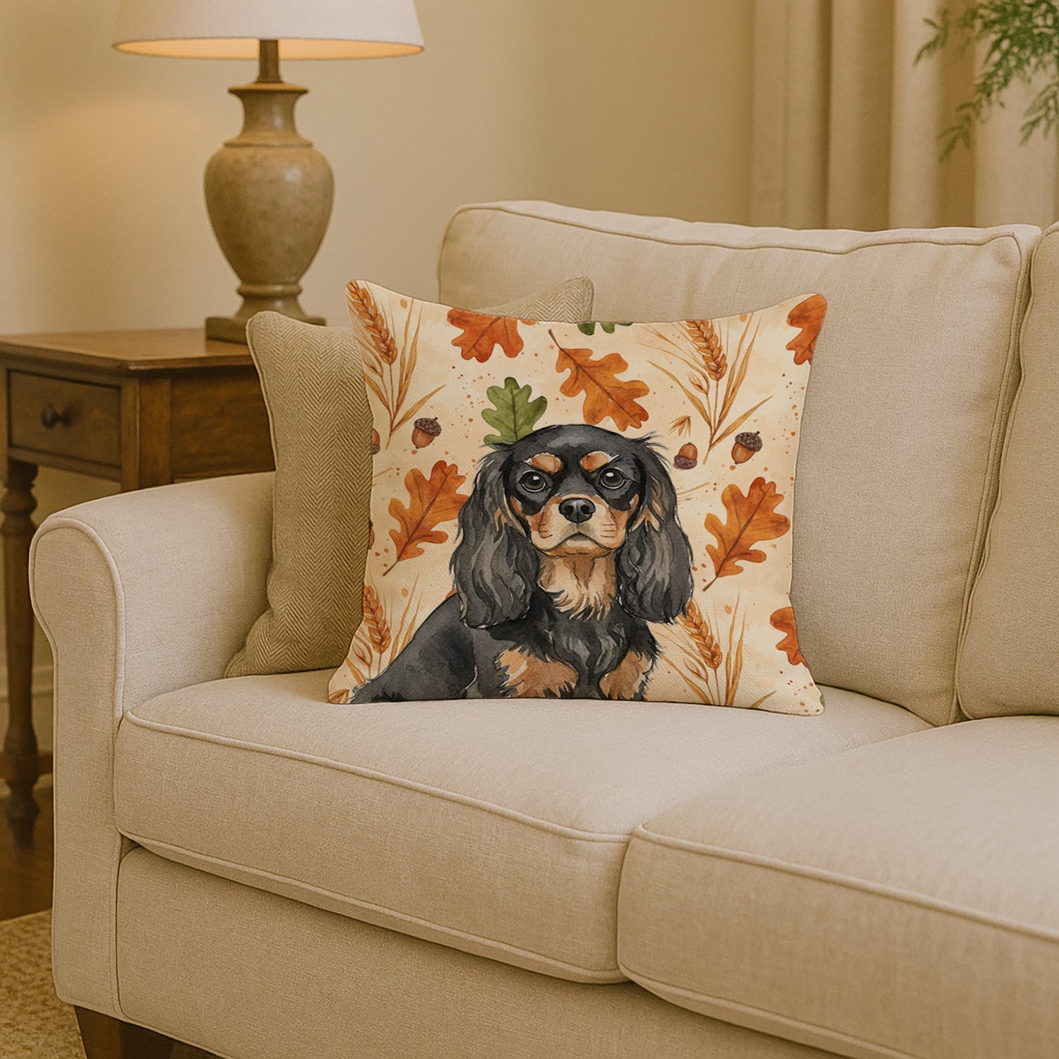 Black and Tan Cavalier Spaniel Heirloom Fall Decorative Throw Pillow 14x14 Indoor Outdoor Accent Cushion, Fabric Cover with Insert for Sofa, Bed, Porch & Living Room