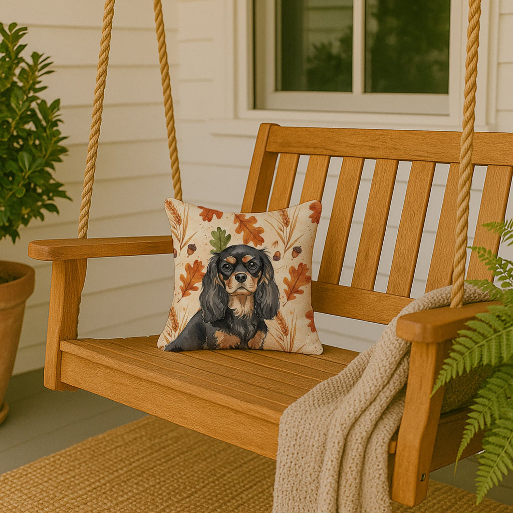 Black and Tan Cavalier Spaniel Heirloom Fall Decorative Throw Pillow 14x14 Indoor Outdoor Accent Cushion, Fabric Cover with Insert for Sofa, Bed, Porch & Living Room