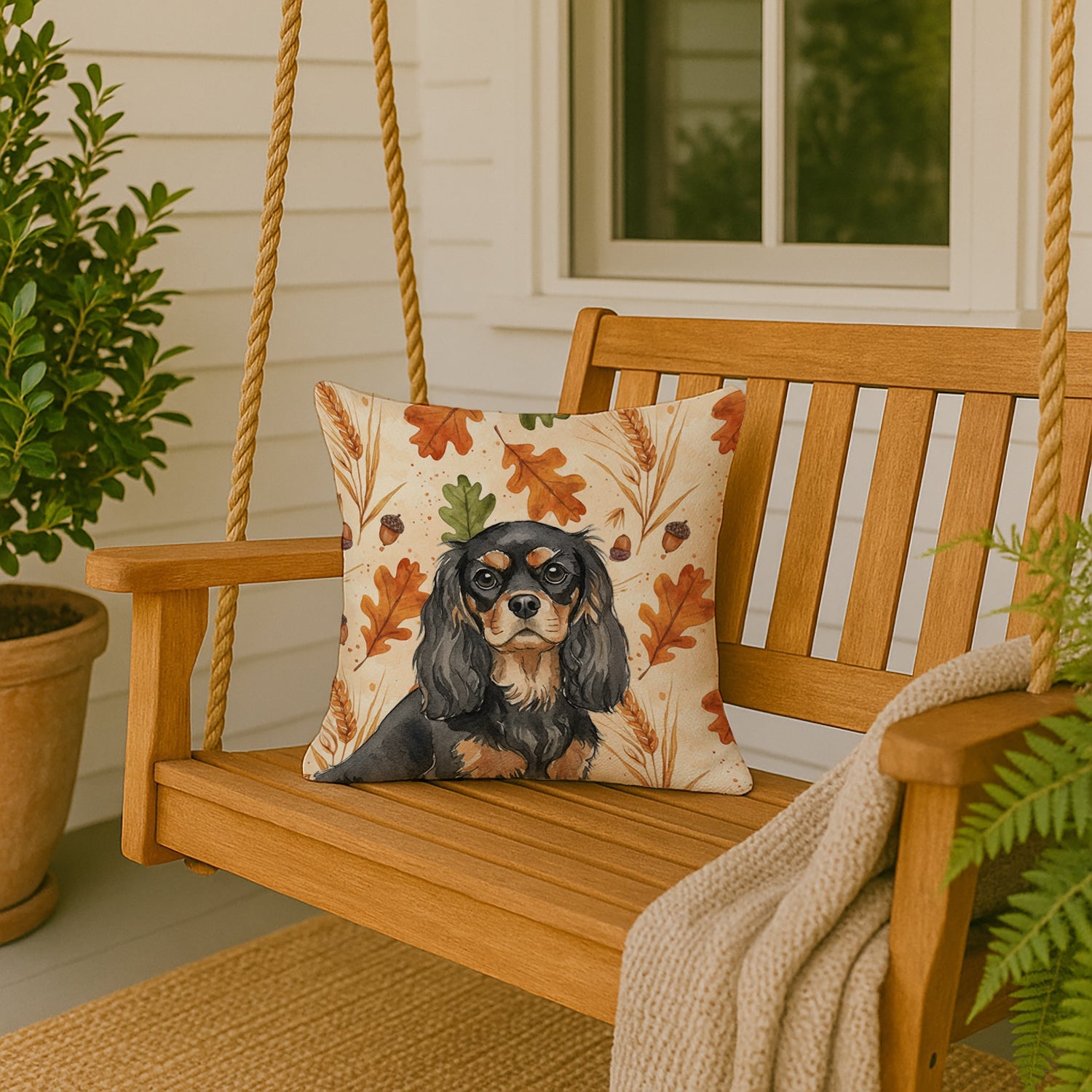 Black and Tan Cavalier Spaniel Heirloom Fall Decorative Throw Pillow 18x18 Indoor Outdoor Accent Cushion, Fabric Cover with Insert for Sofa, Bed, Porch & Living Room