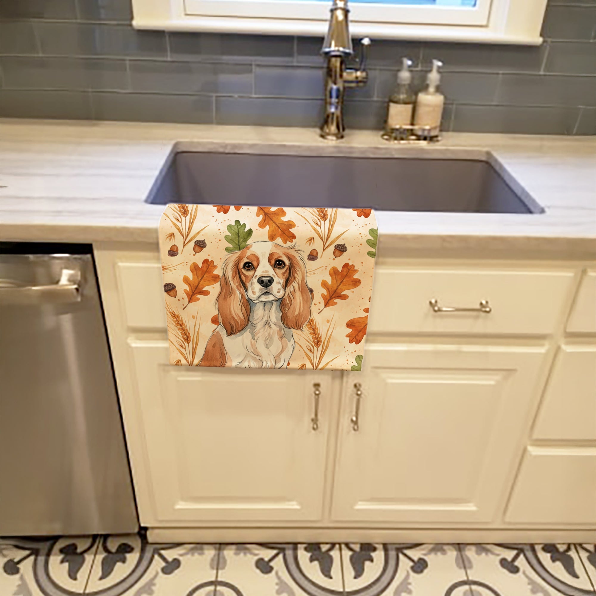 Blenheim Cavalier Spaniel Heirloom Fall Kitchen Towel Velour Plush Front and Cotton Loop Back Machine Washable