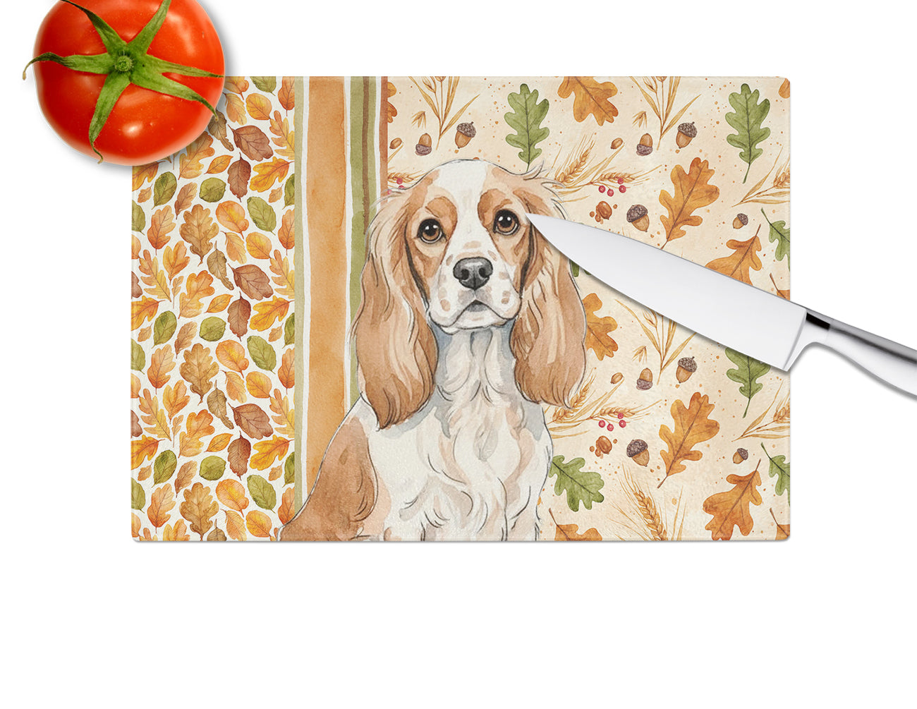 Blenheim Cavalier Spaniel Heirloom Fall Cutting Board Tempered Glass Kitchen Cutting Surface, Heat Resistant Chopping, Non-Slip Feet, Food Prep & Serving