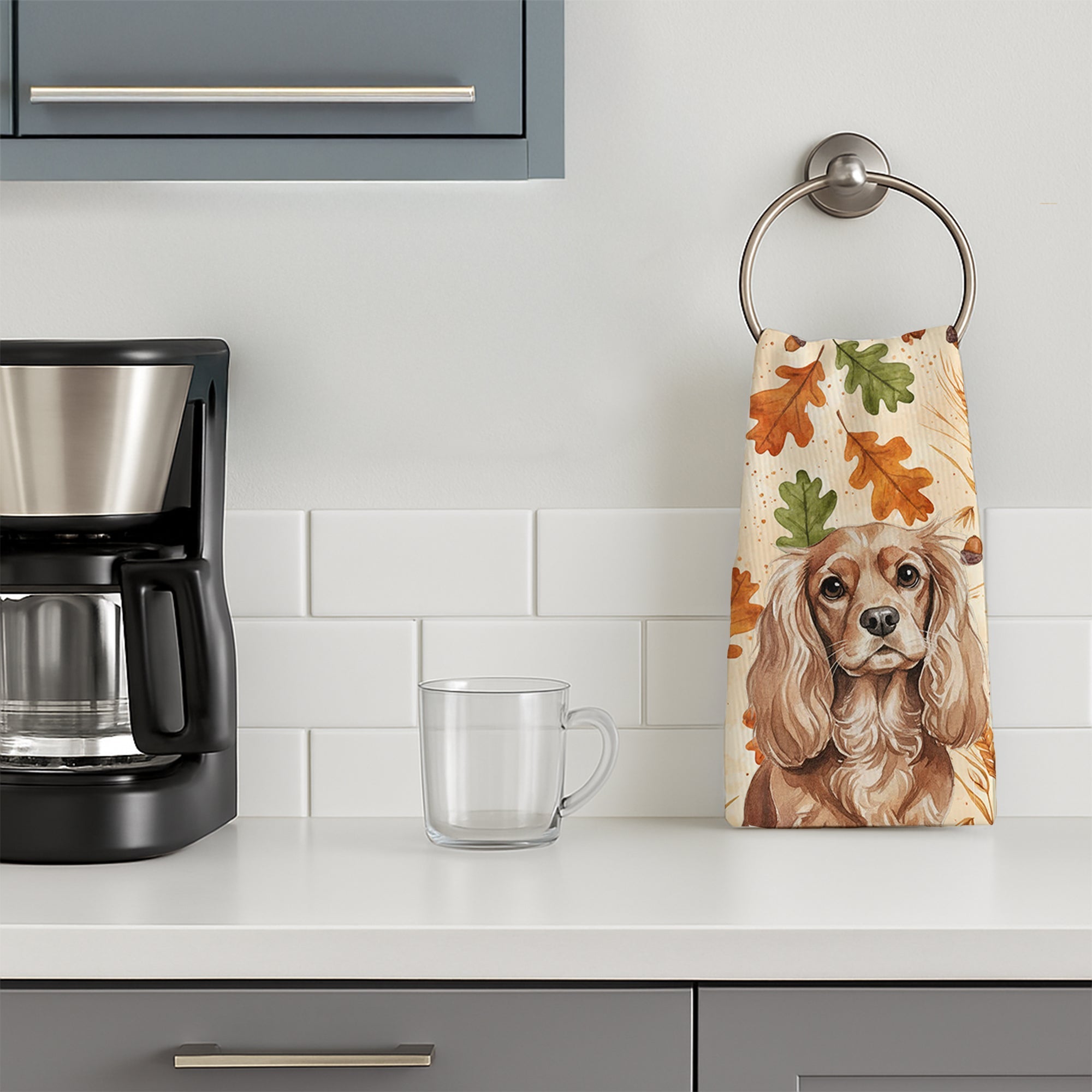 Ruby Cavalier Spaniel Heirloom Fall Kitchen Towel Velour Plush Front and Cotton Loop Back Machine Washable
