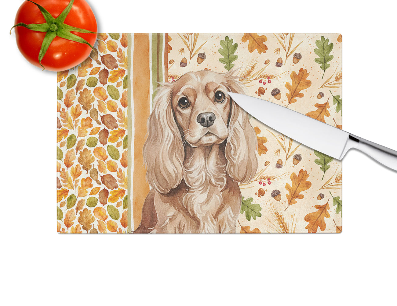 Ruby Cavalier Spaniel Heirloom Fall Cutting Board Tempered Glass Kitchen Cutting Surface, Heat Resistant Chopping, Non-Slip Feet, Food Prep & Serving