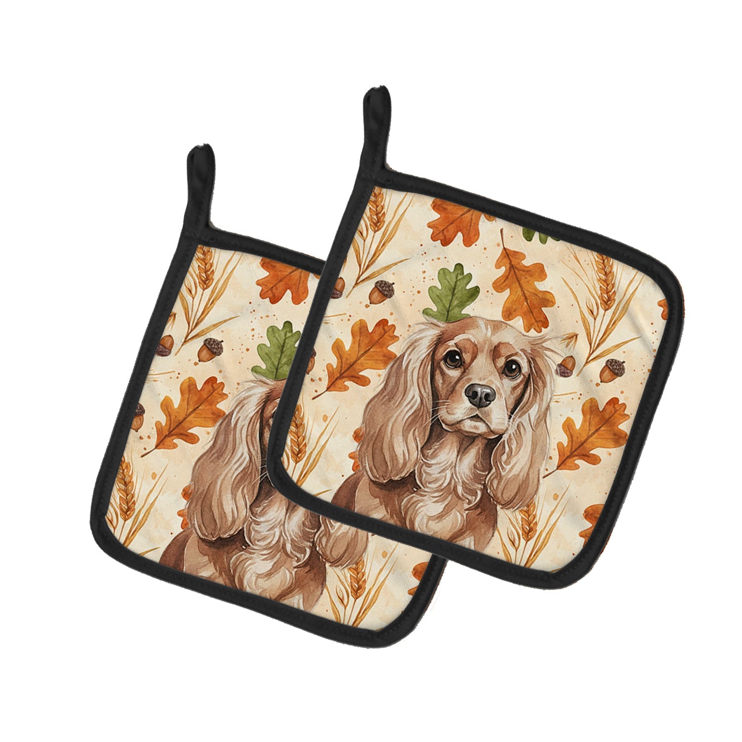 Ruby Cavalier Spaniel Heirloom Fall Pot Holder Set of 2 Heat Resistant Quilted Hot Pads 7.5 x 7.5 Inch, Insulated Kitchen Trivets for Cooking & Baking