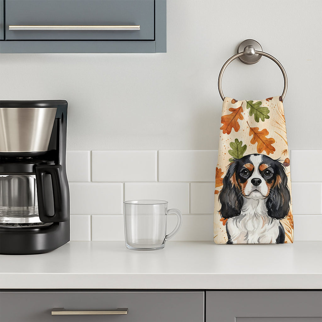 Tricolor Cavalier Spaniel Heirloom Fall Kitchen Towel Velour Plush Front and Cotton Loop Back Machine Washable