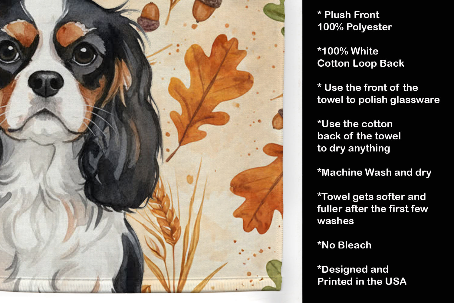 Tricolor Cavalier Spaniel Heirloom Fall Kitchen Towel Velour Plush Front and Cotton Loop Back Machine Washable