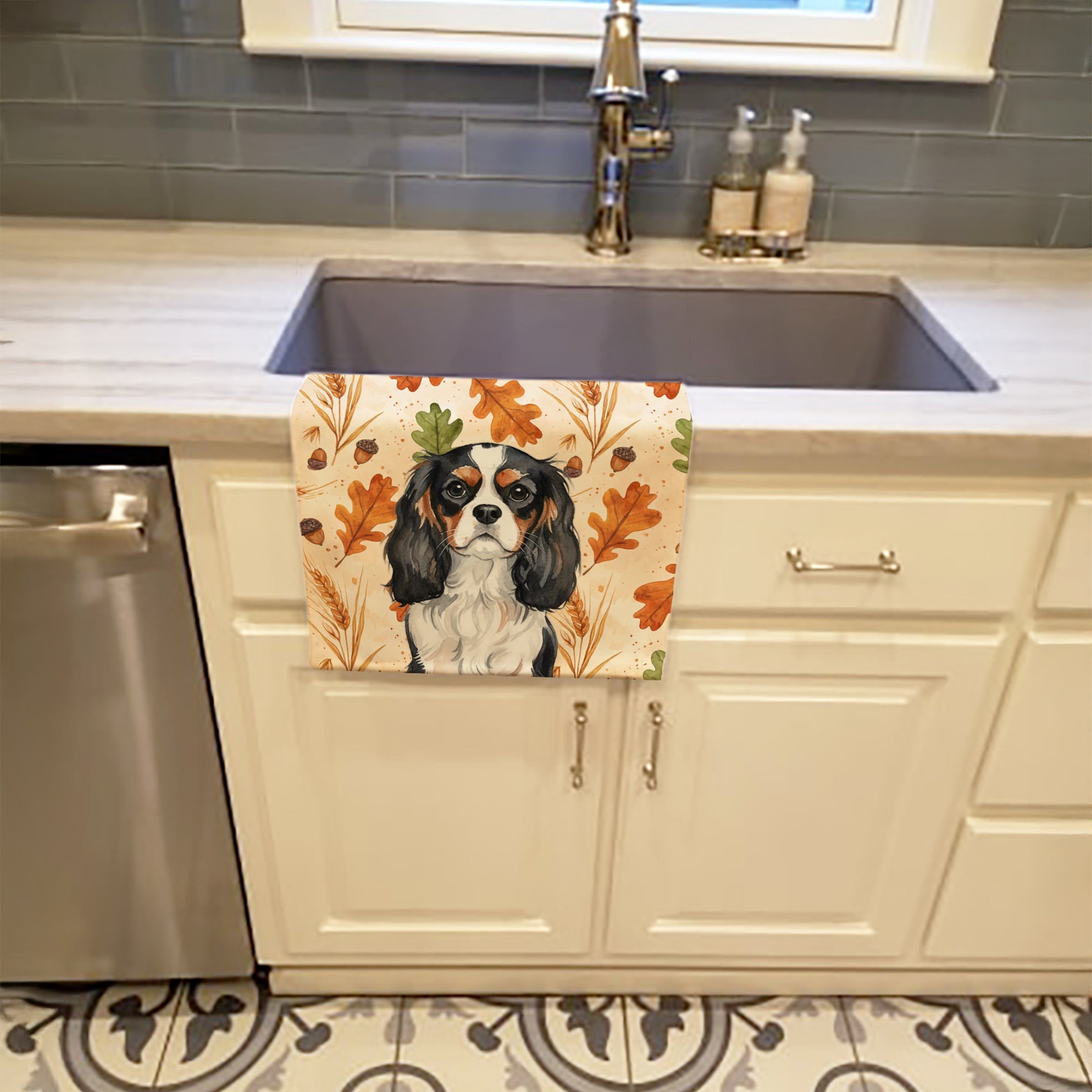 Tricolor Cavalier Spaniel Heirloom Fall Kitchen Towel Velour Plush Front and Cotton Loop Back Machine Washable
