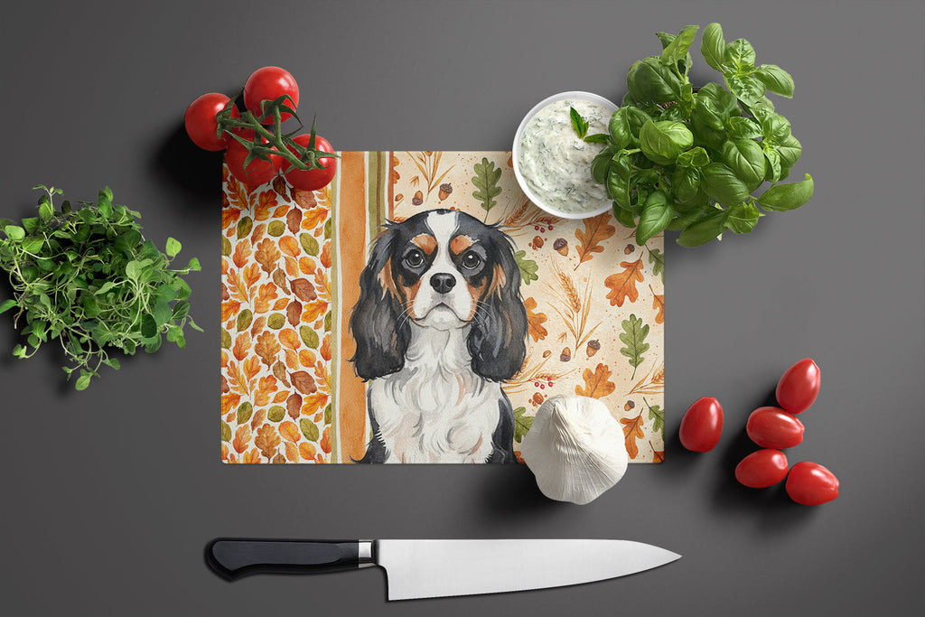 Tricolor Cavalier Spaniel Heirloom Fall Cutting Board Tempered Glass Kitchen Cutting Surface, Heat Resistant Chopping, Non-Slip Feet, Food Prep & Serving