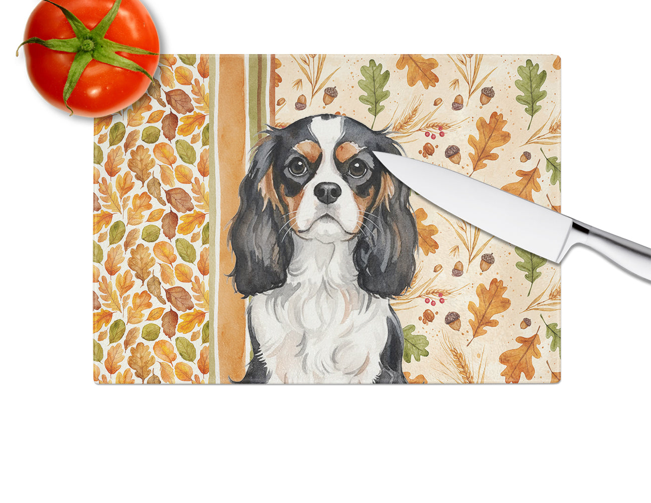 Tricolor Cavalier Spaniel Heirloom Fall Cutting Board Tempered Glass Kitchen Cutting Surface, Heat Resistant Chopping, Non-Slip Feet, Food Prep & Serving
