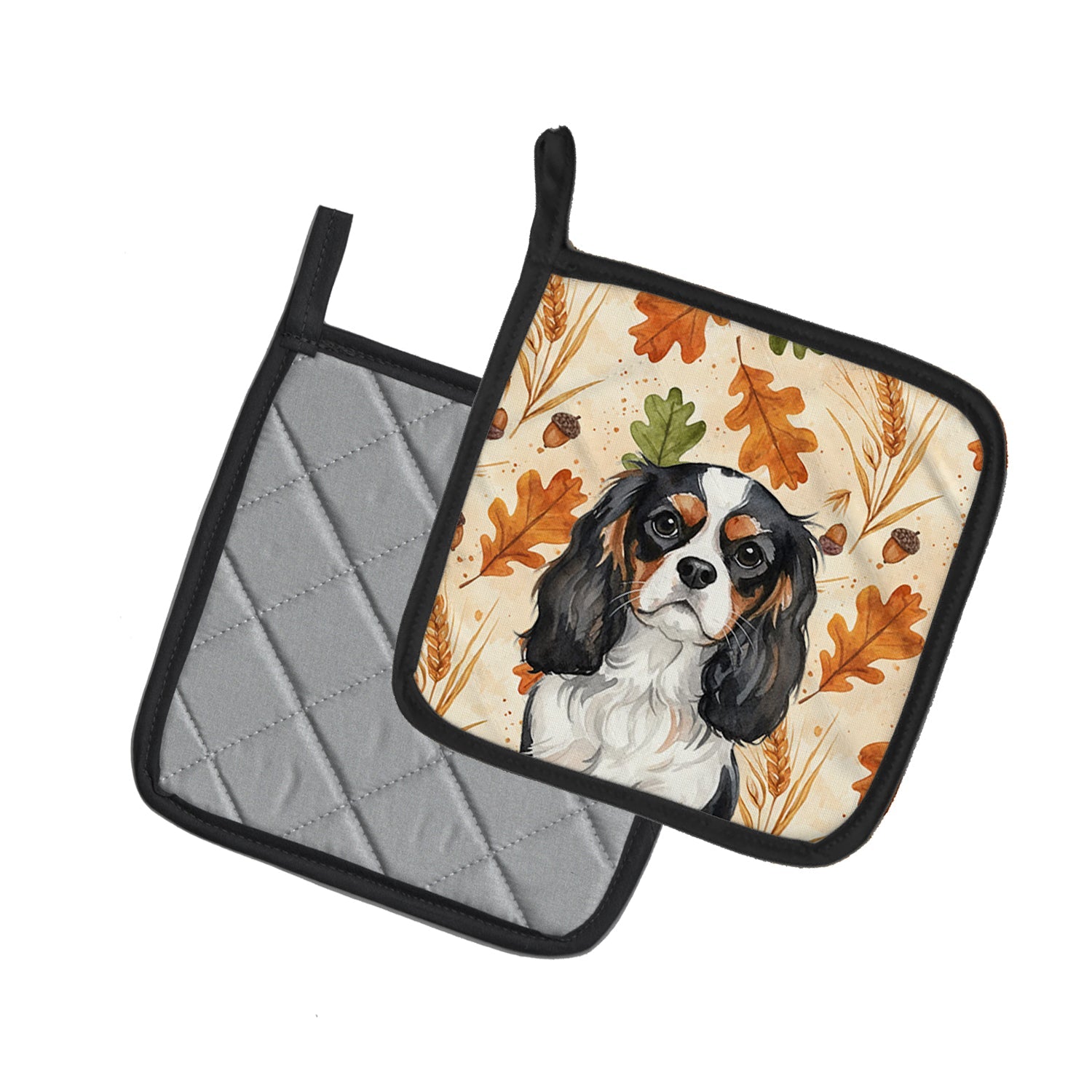 Tricolor Cavalier Spaniel Heirloom Fall Pot Holder Set of 2 Heat Resistant Quilted Hot Pads 7.5 x 7.5 Inch, Insulated Kitchen Trivets for Cooking & Baking
