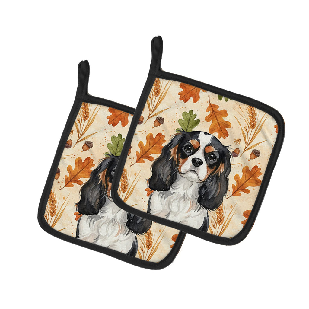 Tricolor Cavalier Spaniel Heirloom Fall Pot Holder Set of 2 Heat Resistant Quilted Hot Pads 7.5 x 7.5 Inch, Insulated Kitchen Trivets for Cooking & Baking