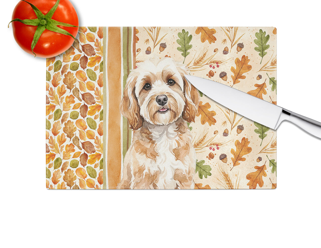 Cavapoo Heirloom Fall Cutting Board Tempered Glass Kitchen Cutting Surface, Heat Resistant Chopping, Non-Slip Feet, Food Prep & Serving