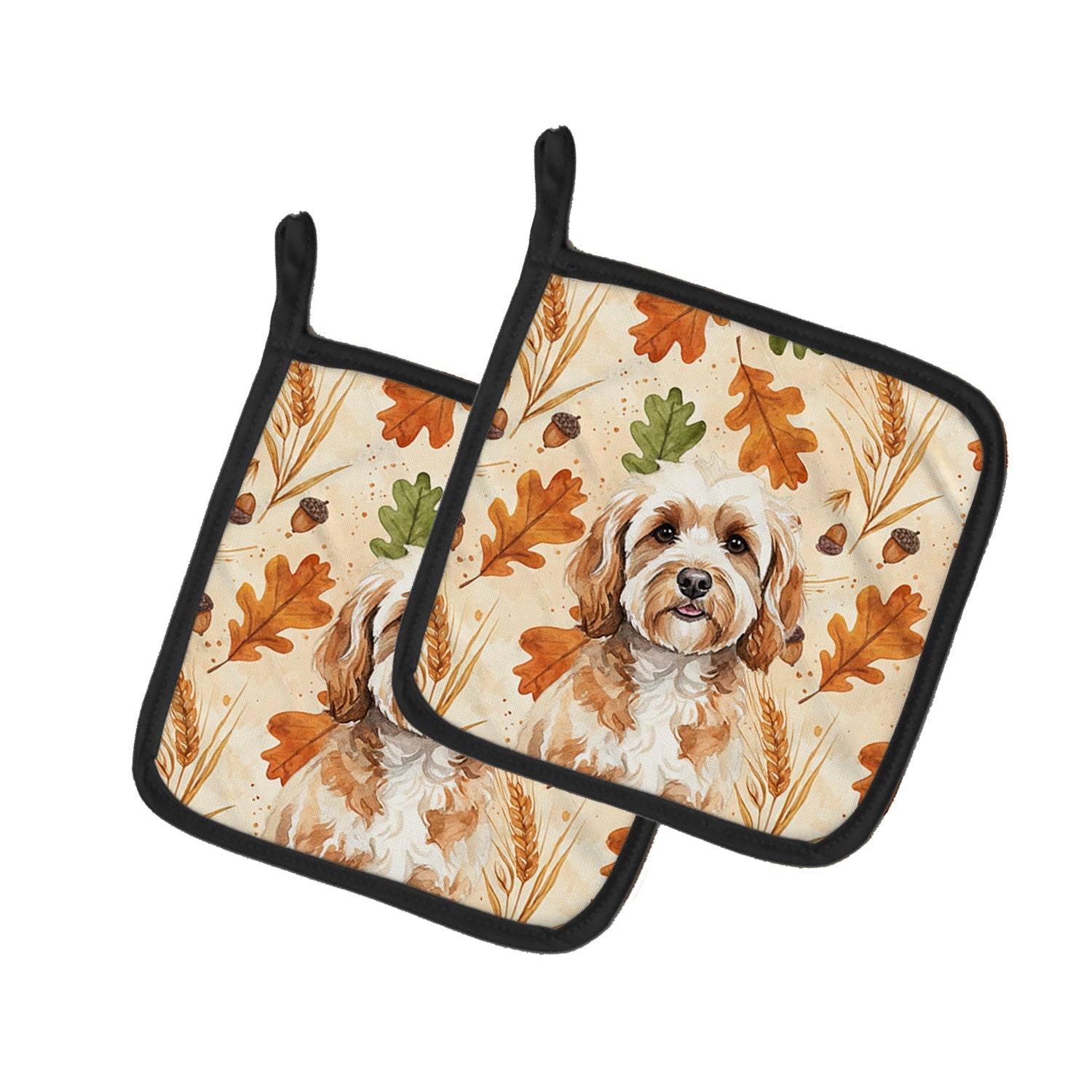 Cavapoo Heirloom Fall Pot Holder Set of 2 Heat Resistant Quilted Hot Pads 7.5 x 7.5 Inch, Insulated Kitchen Trivets for Cooking & Baking