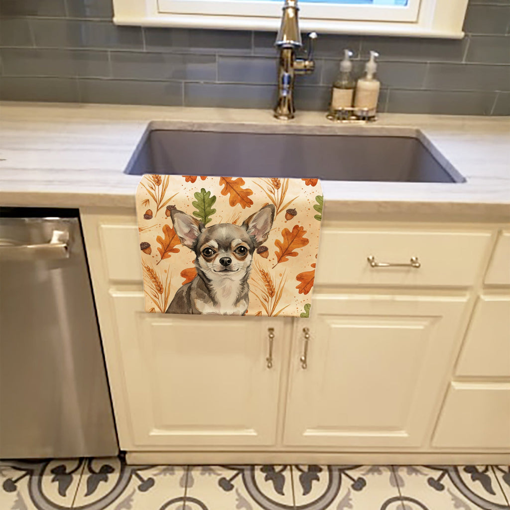 Chihuahua Heirloom Fall Kitchen Towel Velour Plush Front and Cotton Loop Back Machine Washable