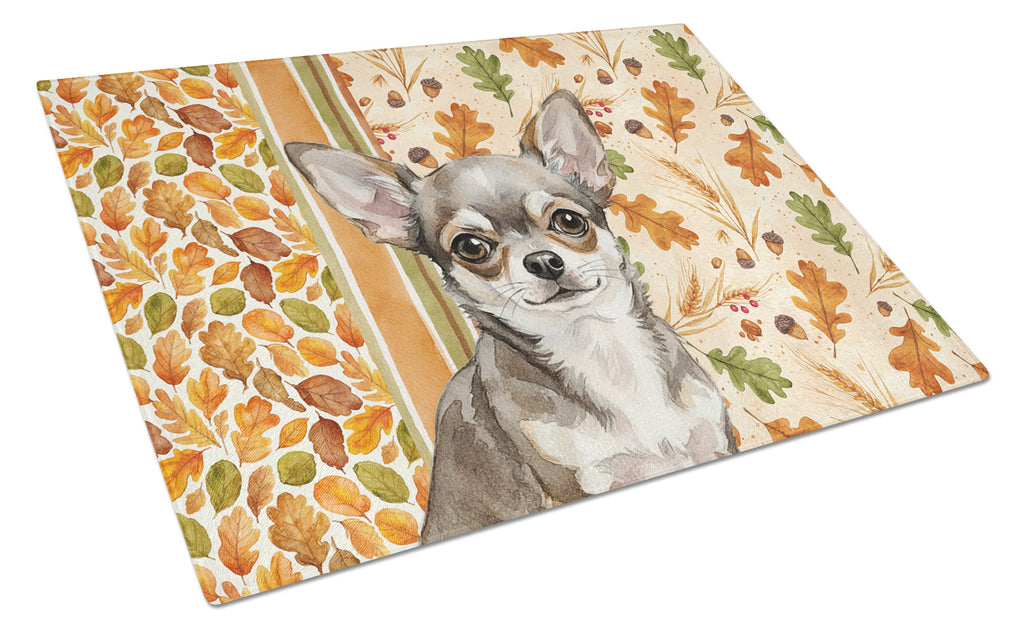 Chihuahua Heirloom Fall Cutting Board Tempered Glass Kitchen Cutting Surface, Heat Resistant Chopping, Non-Slip Feet, Food Prep & Serving