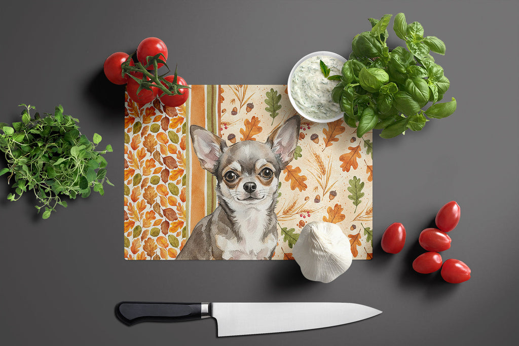 Chihuahua Heirloom Fall Cutting Board Tempered Glass Kitchen Cutting Surface, Heat Resistant Chopping, Non-Slip Feet, Food Prep & Serving