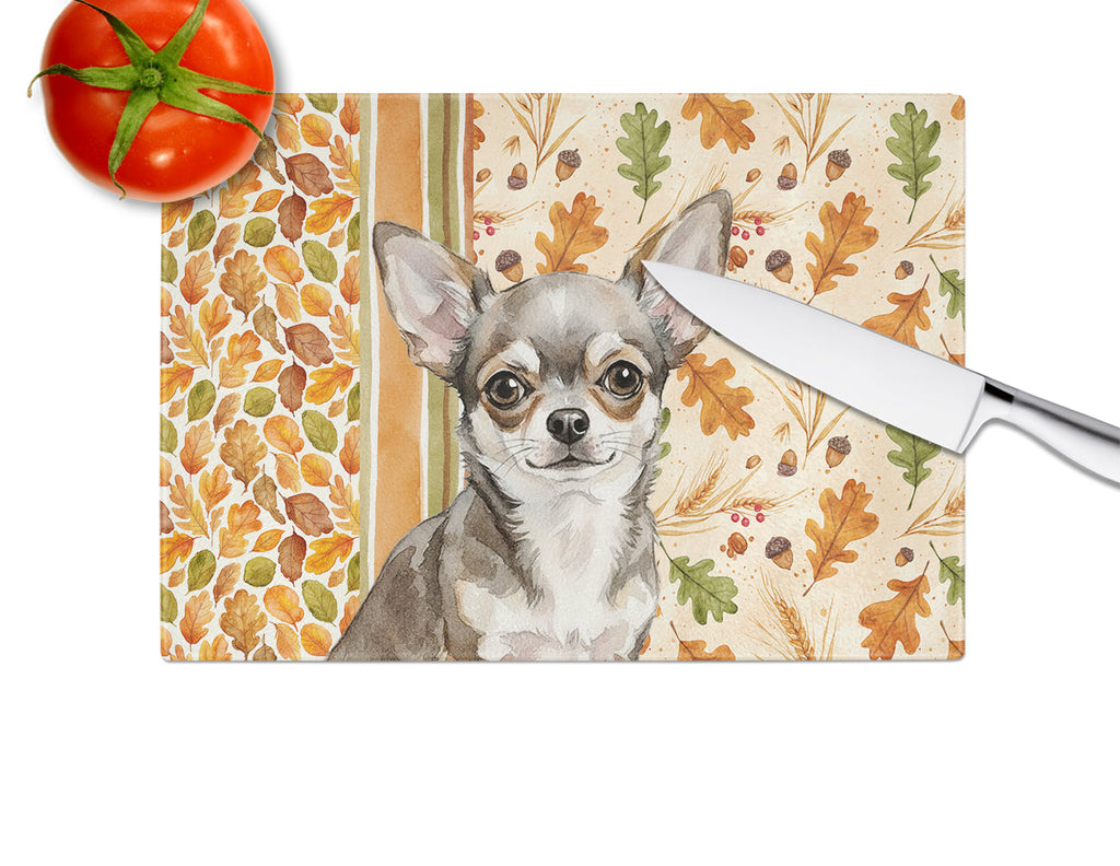 Chihuahua Heirloom Fall Cutting Board Tempered Glass Kitchen Cutting Surface, Heat Resistant Chopping, Non-Slip Feet, Food Prep & Serving