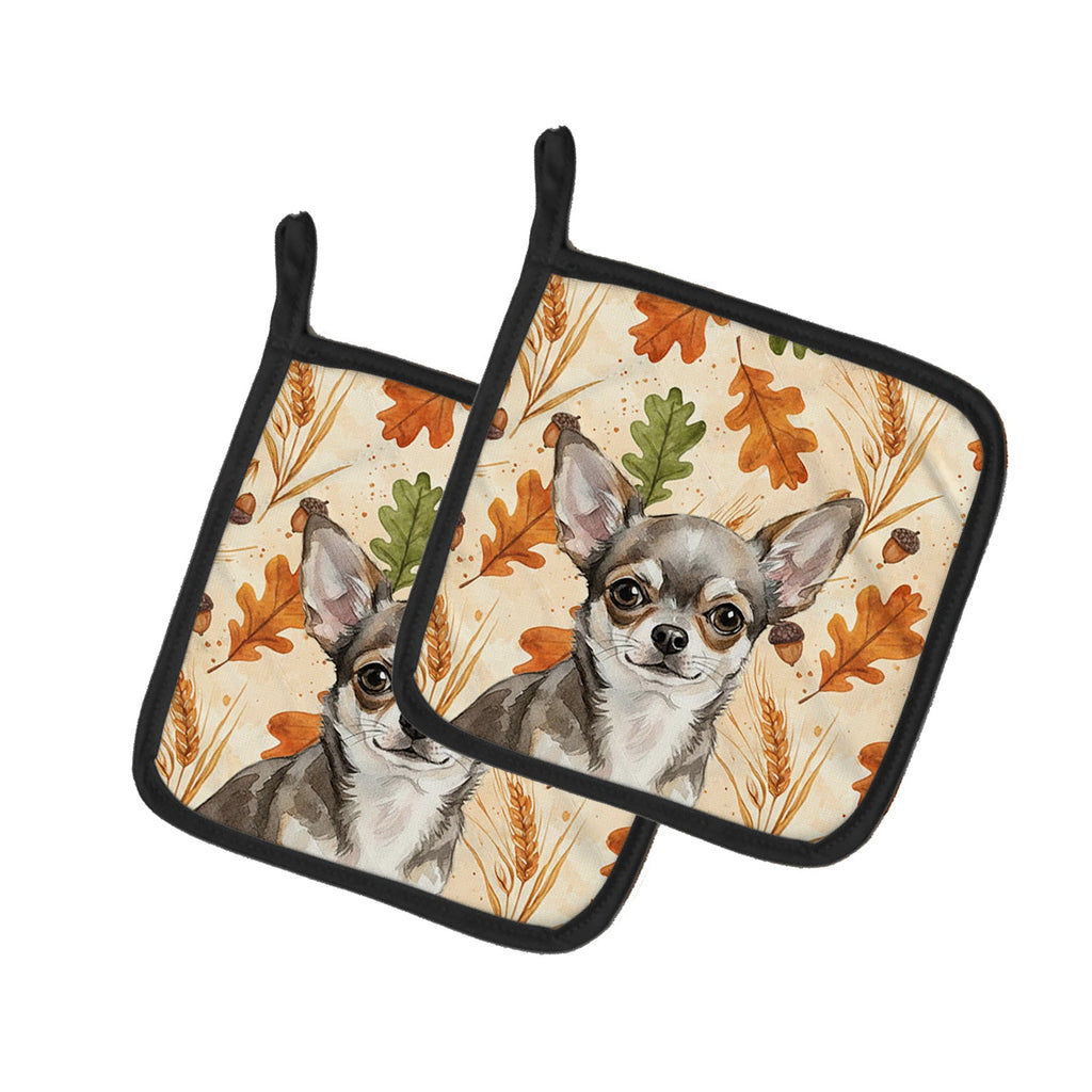 Chihuahua Heirloom Fall Pot Holder Set of 2 Heat Resistant Quilted Hot Pads 7.5 x 7.5 Inch, Insulated Kitchen Trivets for Cooking & Baking