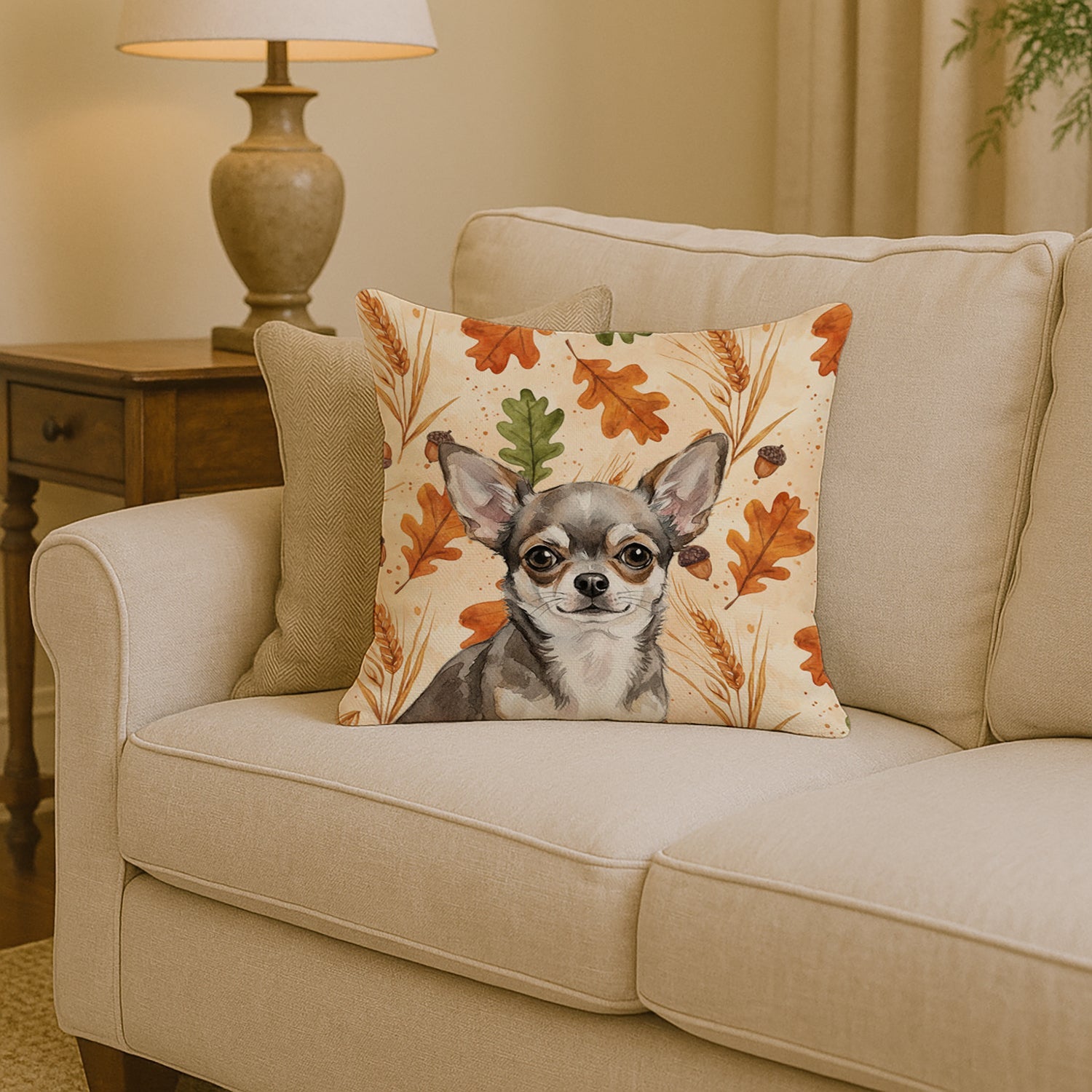 Chihuahua Heirloom Fall Decorative Throw Pillow 14x14 Indoor Outdoor Accent Cushion, Fabric Cover with Insert for Sofa, Bed, Porch & Living Room
