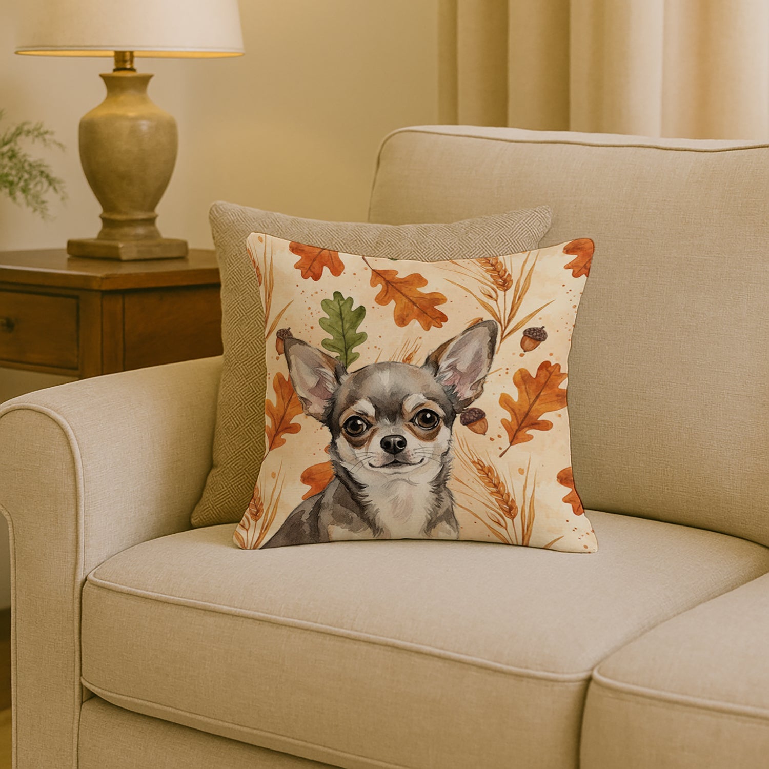 Chihuahua Heirloom Fall Decorative Throw Pillow 18x18 Indoor Outdoor Accent Cushion, Fabric Cover with Insert for Sofa, Bed, Porch & Living Room