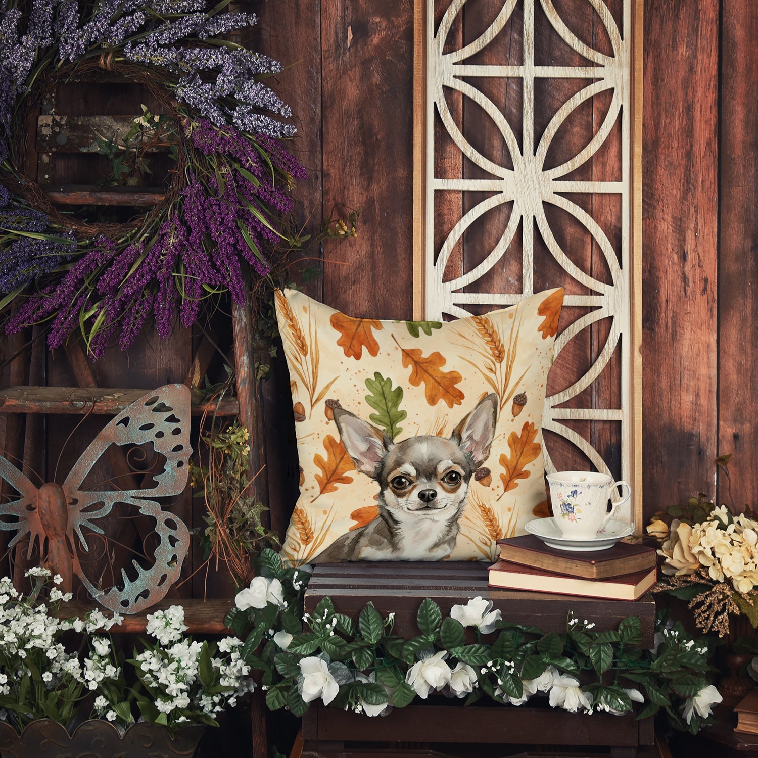 Chihuahua Heirloom Fall Decorative Throw Pillow 18x18 Indoor Outdoor Accent Cushion, Fabric Cover with Insert for Sofa, Bed, Porch & Living Room