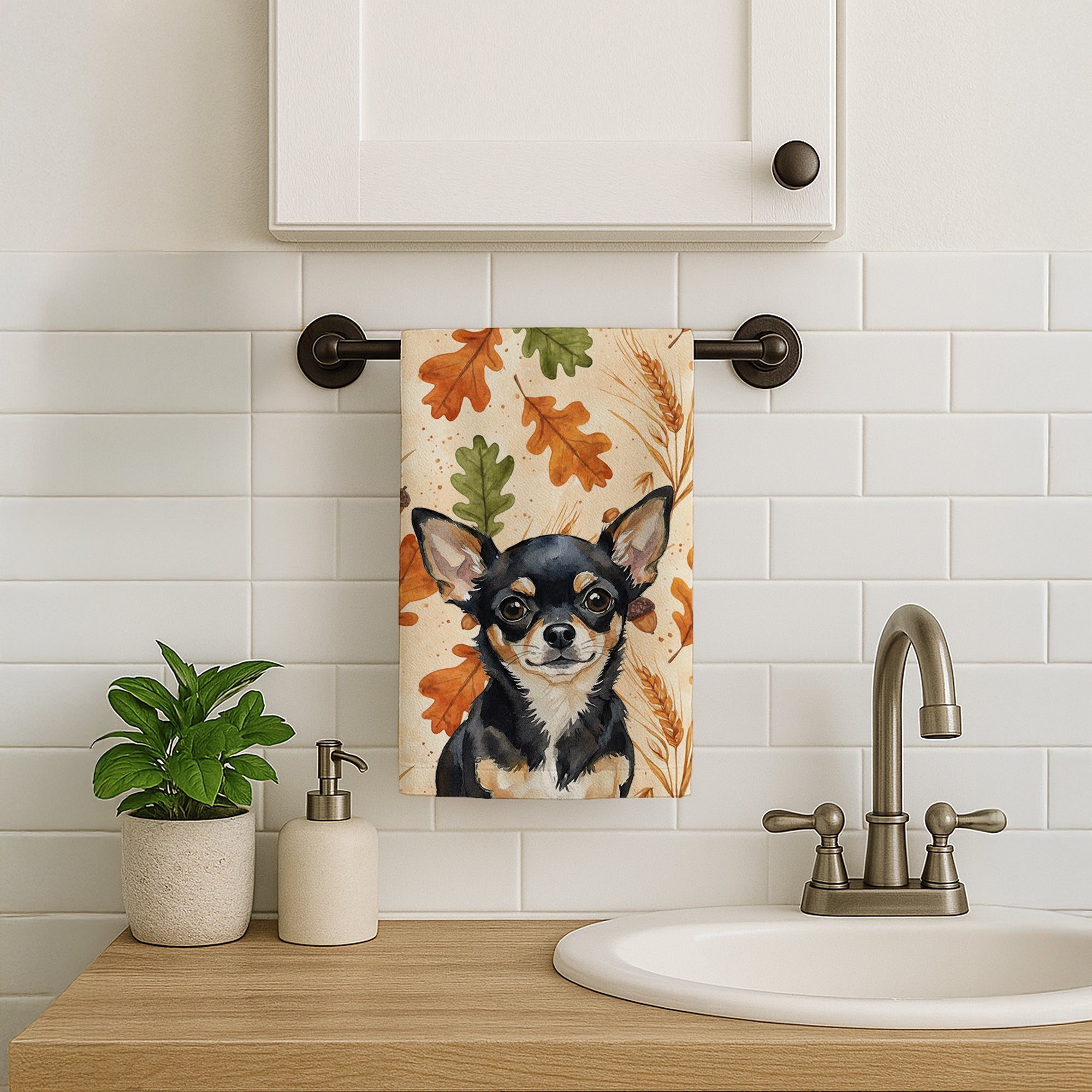 Black and Tan Chihuahua Heirloom Fall Kitchen Towel Velour Plush Front and Cotton Loop Back Machine Washable