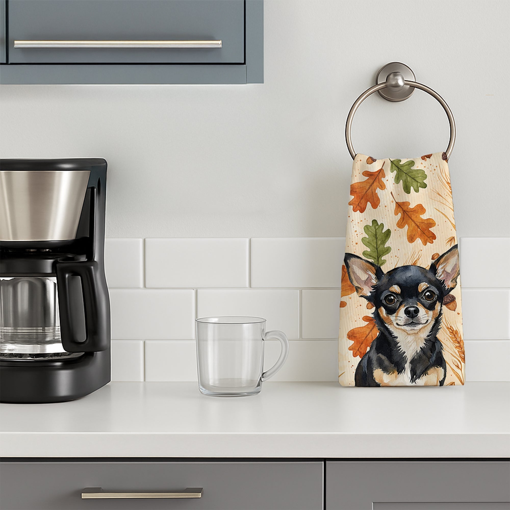 Black and Tan Chihuahua Heirloom Fall Kitchen Towel Velour Plush Front and Cotton Loop Back Machine Washable