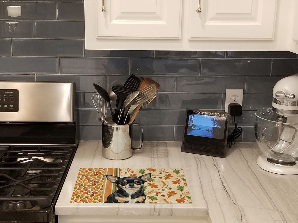 Black and Tan Chihuahua Heirloom Fall Cutting Board Tempered Glass Kitchen Cutting Surface, Heat Resistant Chopping, Non-Slip Feet, Food Prep & Serving