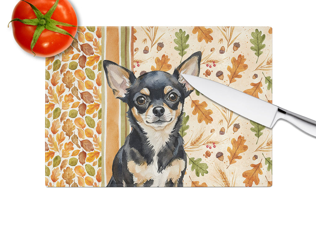 Black and Tan Chihuahua Heirloom Fall Cutting Board Tempered Glass Kitchen Cutting Surface, Heat Resistant Chopping, Non-Slip Feet, Food Prep & Serving