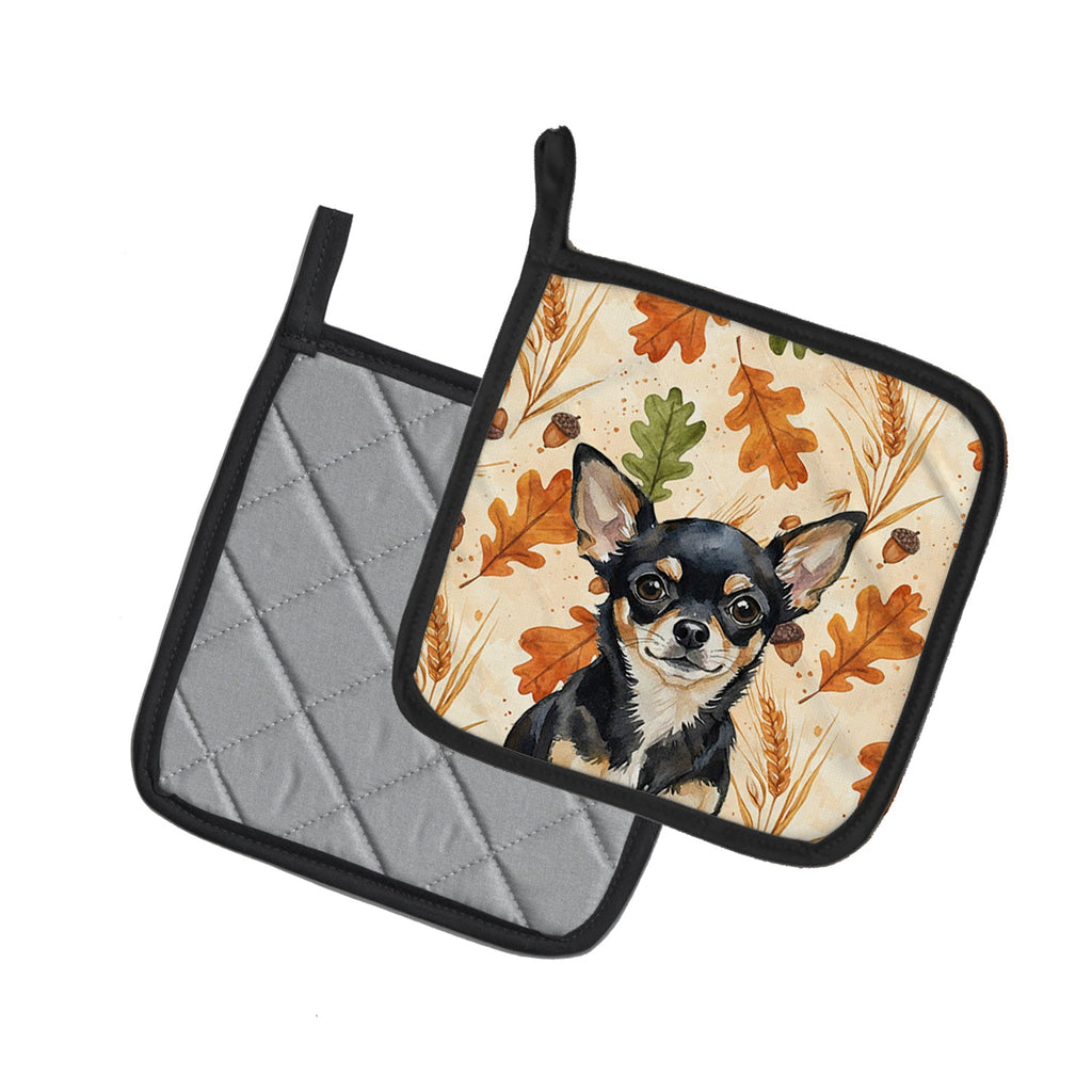 Black and Tan Chihuahua Heirloom Fall Pot Holder Set of 2 Heat Resistant Quilted Hot Pads 7.5 x 7.5 Inch, Insulated Kitchen Trivets for Cooking & Baking