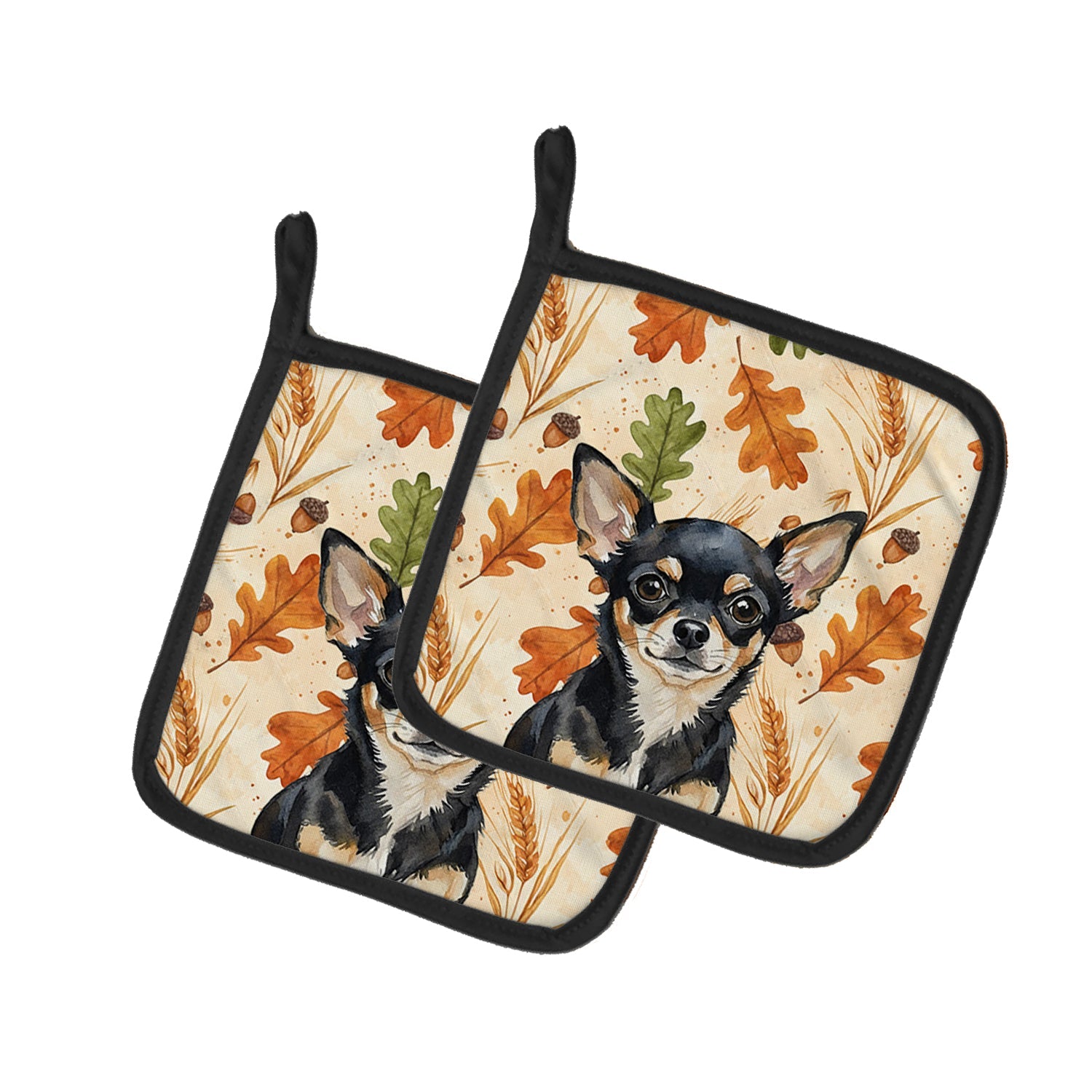 Black and Tan Chihuahua Heirloom Fall Pot Holder Set of 2 Heat Resistant Quilted Hot Pads 7.5 x 7.5 Inch, Insulated Kitchen Trivets for Cooking & Baking