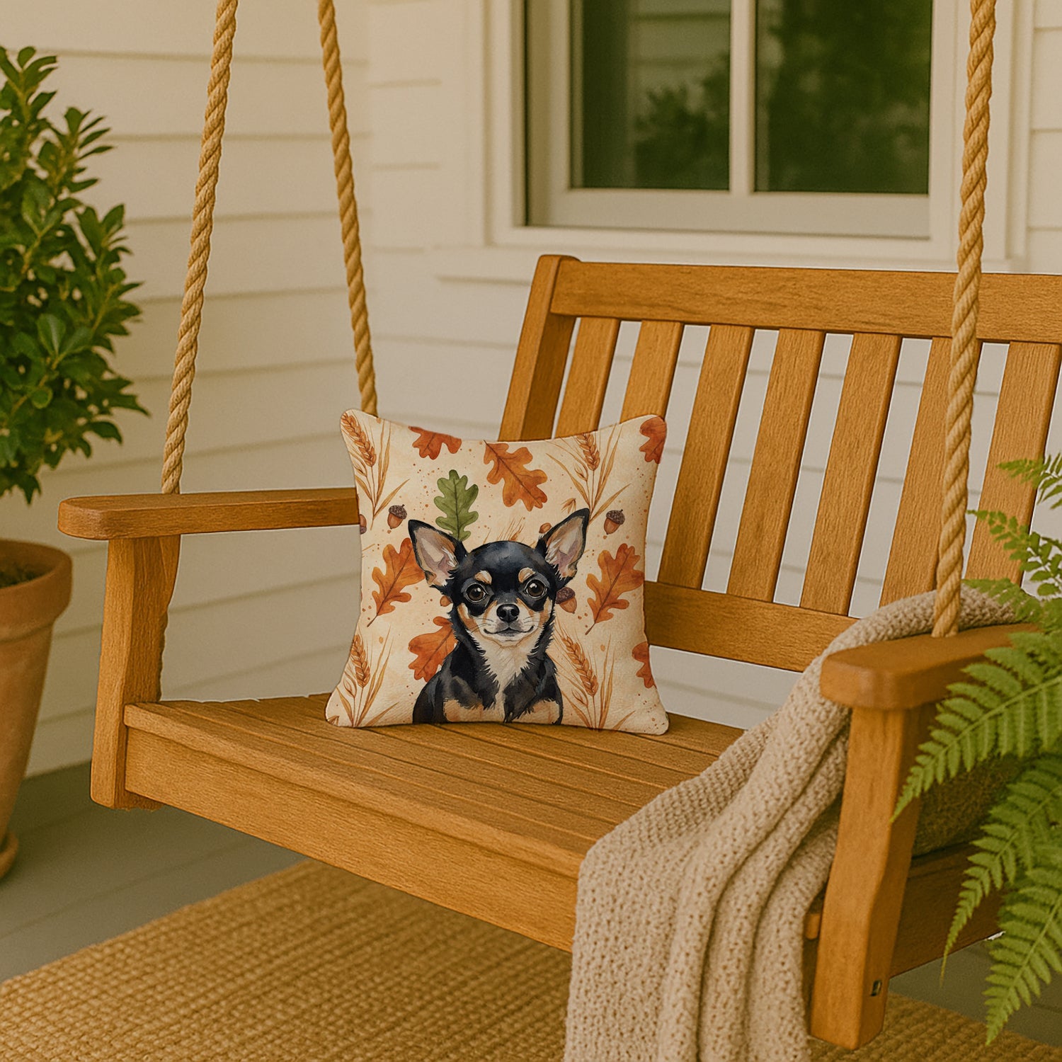Black and Tan Chihuahua Heirloom Fall Decorative Throw Pillow 14x14 Indoor Outdoor Accent Cushion, Fabric Cover with Insert for Sofa, Bed, Porch & Living Room