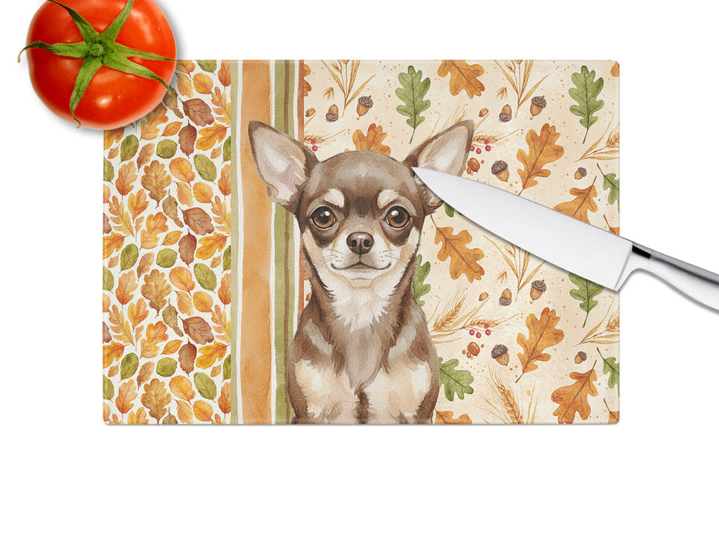 Chocolate Chihuahua Heirloom Fall Cutting Board Tempered Glass Kitchen Cutting Surface, Heat Resistant Chopping, Non-Slip Feet, Food Prep & Serving