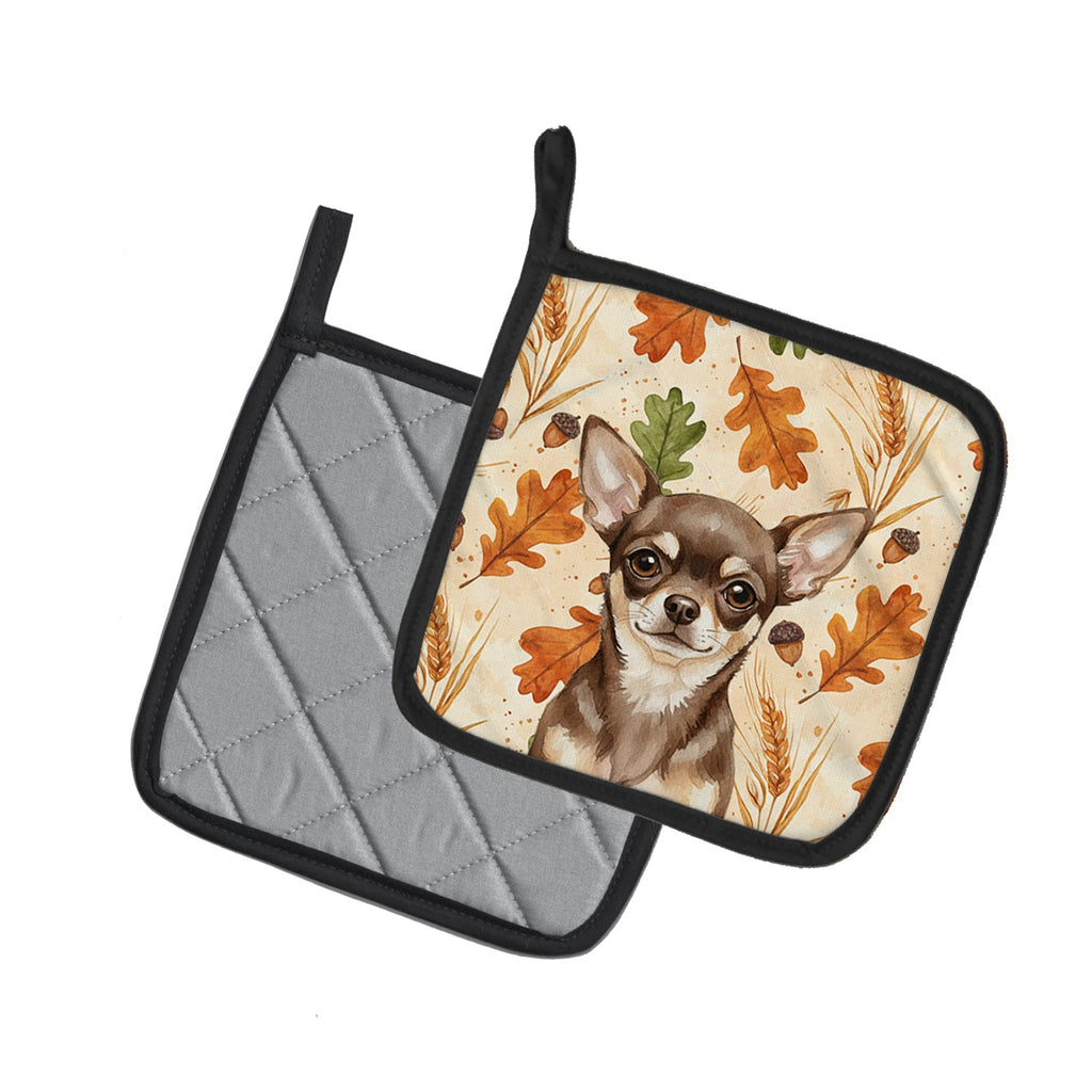 Chocolate Chihuahua Heirloom Fall Pot Holder Set of 2 Heat Resistant Quilted Hot Pads 7.5 x 7.5 Inch, Insulated Kitchen Trivets for Cooking & Baking