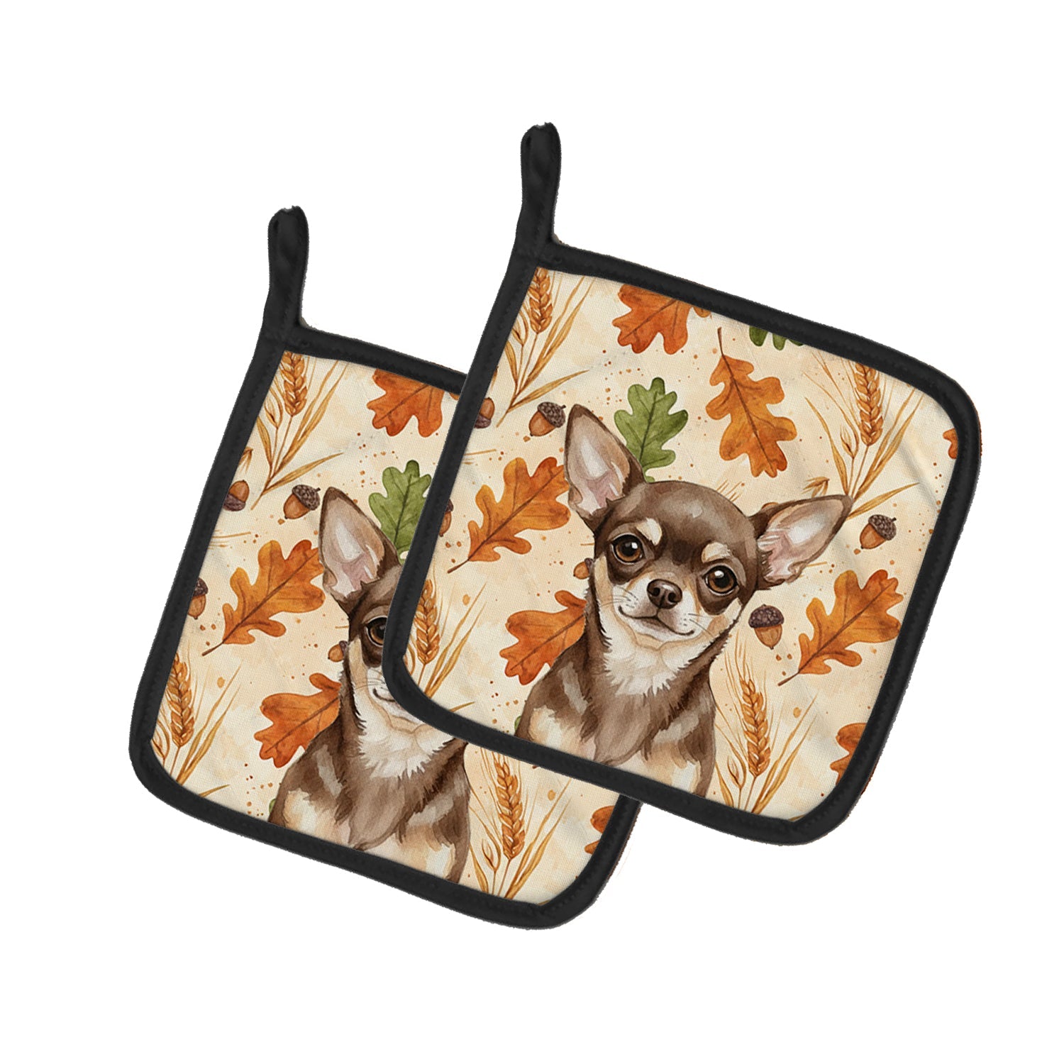 Chocolate Chihuahua Heirloom Fall Pot Holder Set of 2 Heat Resistant Quilted Hot Pads 7.5 x 7.5 Inch, Insulated Kitchen Trivets for Cooking & Baking