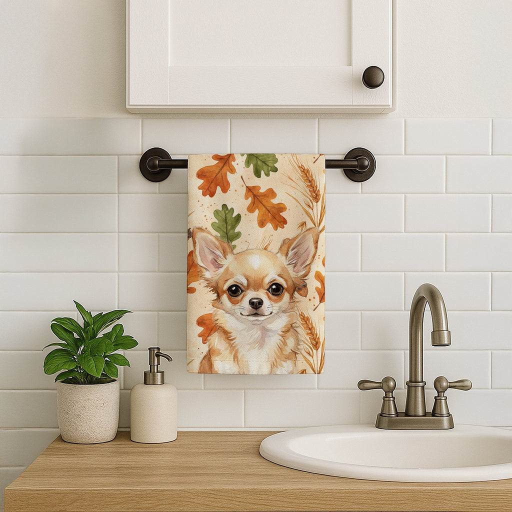 Fawn Chihuahua Heirloom Fall Kitchen Towel Velour Plush Front and Cotton Loop Back Machine Washable
