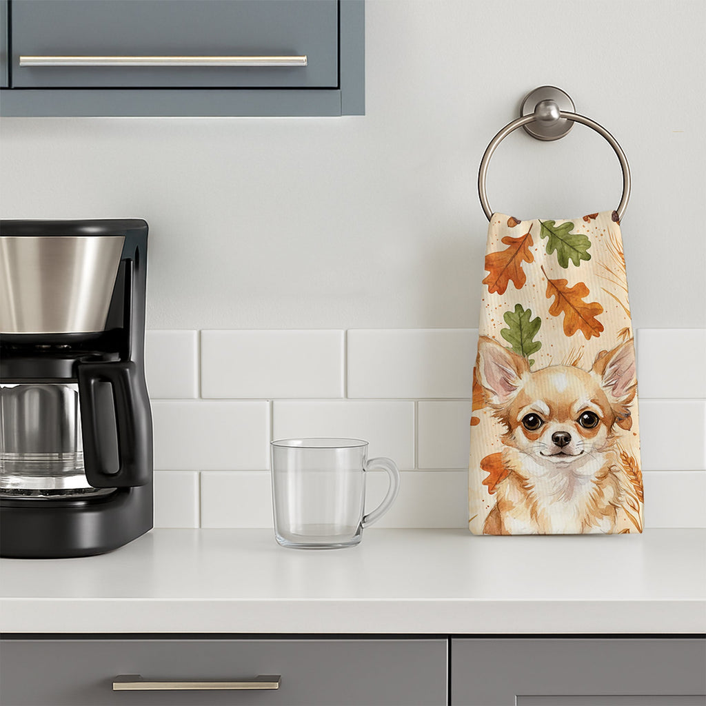 Fawn Chihuahua Heirloom Fall Kitchen Towel Velour Plush Front and Cotton Loop Back Machine Washable