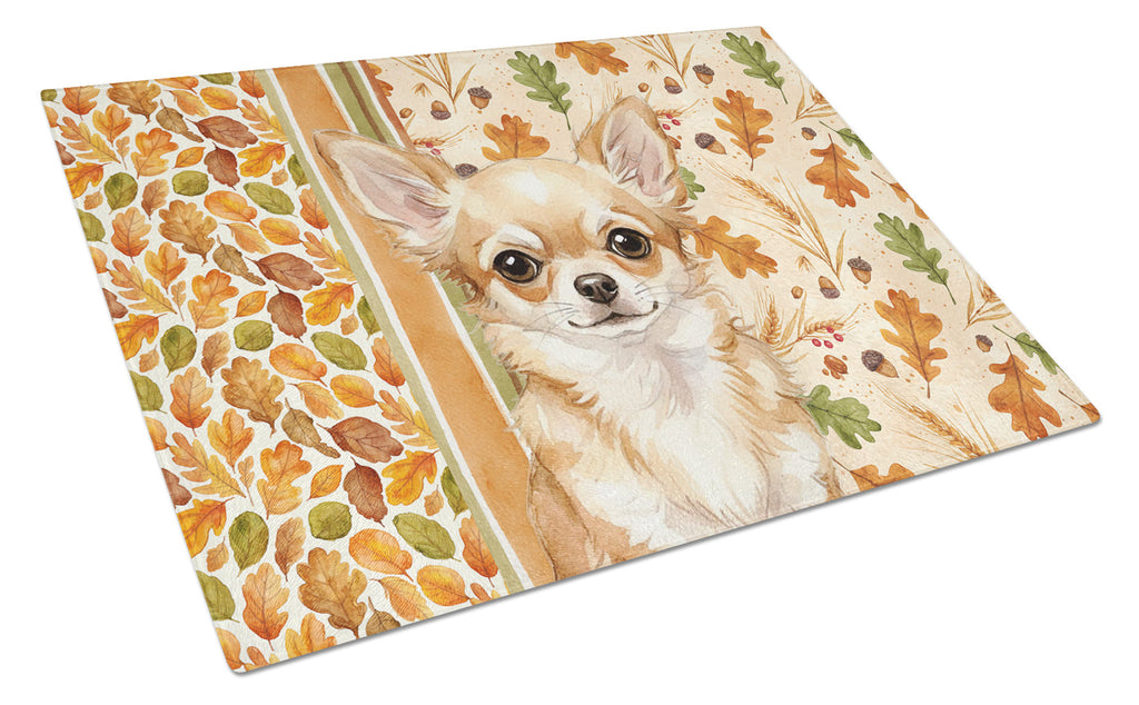Fawn Chihuahua Heirloom Fall Cutting Board Tempered Glass Kitchen Cutting Surface, Heat Resistant Chopping, Non-Slip Feet, Food Prep & Serving