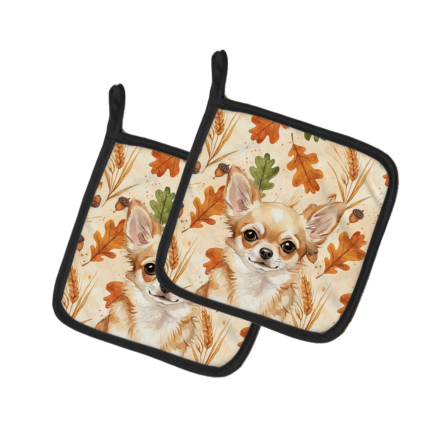 Fawn Chihuahua Heirloom Fall Pot Holder Set of 2 Heat Resistant Quilted Hot Pads 7.5 x 7.5 Inch, Insulated Kitchen Trivets for Cooking & Baking