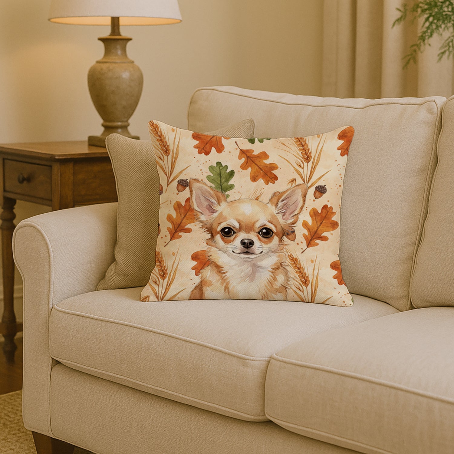Fawn Chihuahua Heirloom Fall Decorative Throw Pillow 14x14 Indoor Outdoor Accent Cushion, Fabric Cover with Insert for Sofa, Bed, Porch & Living Room