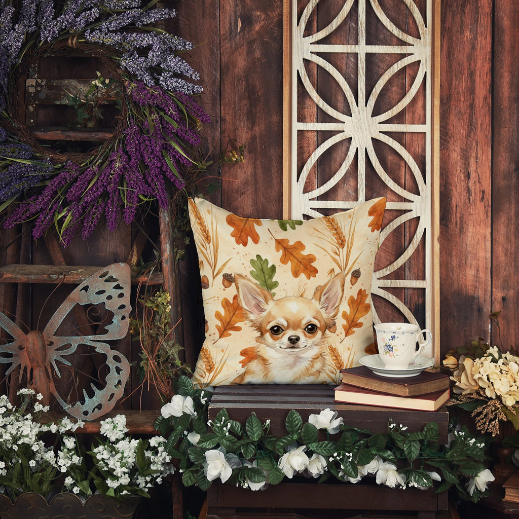 Fawn Chihuahua Heirloom Fall Decorative Throw Pillow 14x14 Indoor Outdoor Accent Cushion, Fabric Cover with Insert for Sofa, Bed, Porch & Living Room