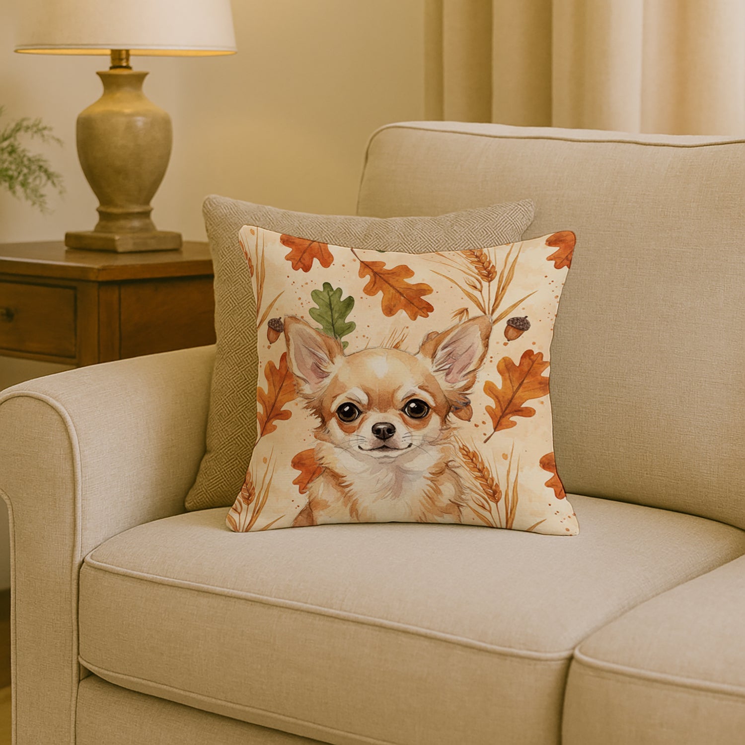 Fawn Chihuahua Heirloom Fall Decorative Throw Pillow 18x18 Indoor Outdoor Accent Cushion, Fabric Cover with Insert for Sofa, Bed, Porch & Living Room